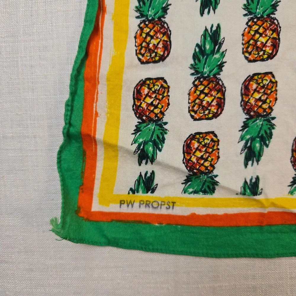 VTG Propst Pineapple Fruit Tropical Bandana PW OS Green Orange Border Cotton EUC